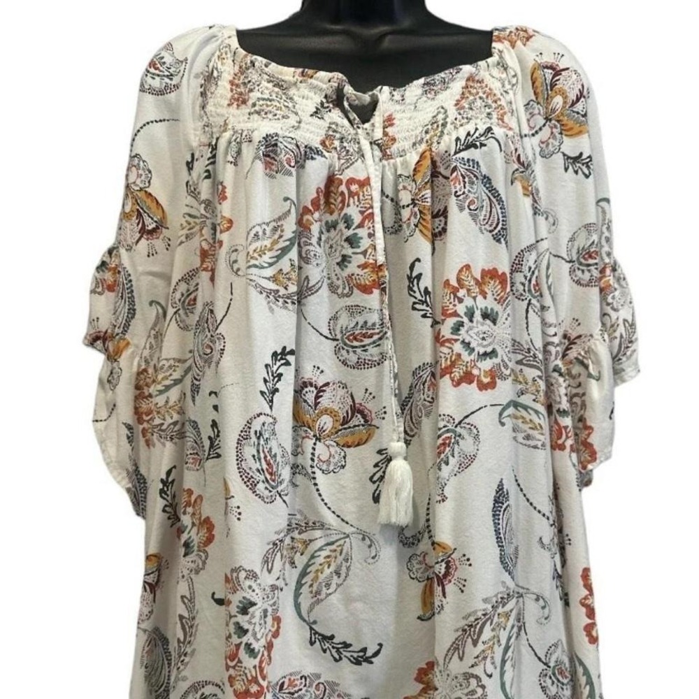 'off white floral pastel paisley peasant top 1X off the shoulder tassel tie